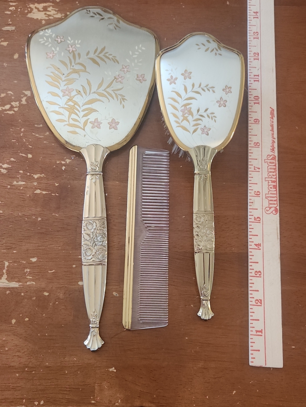 Vintage Source Unknown Gold Toned Floral Vanity Set with Flowered Accents